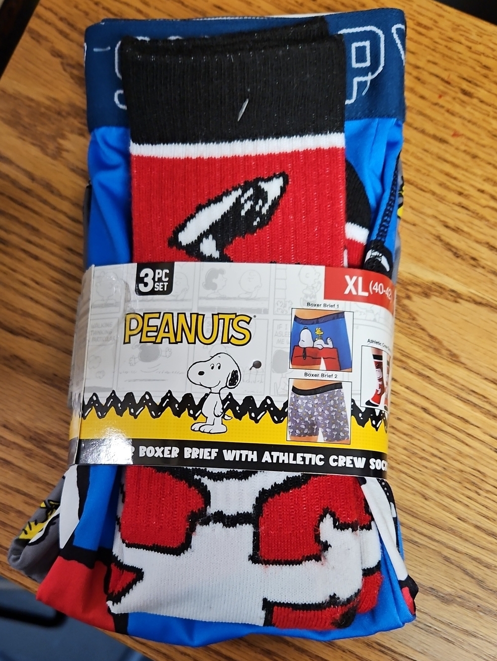 Peanuts Men’s Red, Blue & Black Boxer Briefs with Crew Socks - Peanuts Pack
